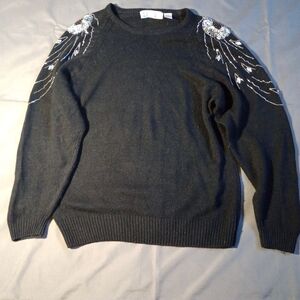 Karen Scott Black Embellished Shoulder Crewneck Sweater